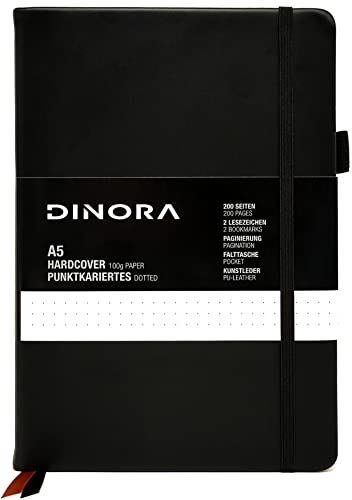 Dinora® Notizbuch A5 Hardcover - Dotted - PU Leder-Optik - 200 nummerierte Seiten - 100g Avery Papier- Schwarz
