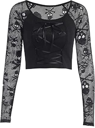 DINGJIUYAN Halloween Shirts for Women Cosplay Costume | Gothic Skull Tops Halloween Clothes Sheer Long Sleeve