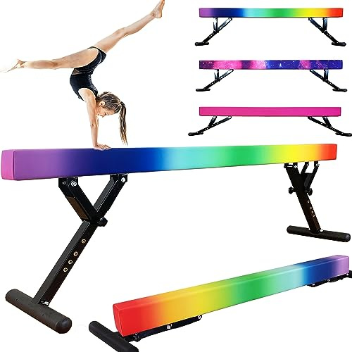 Seliyoo 2,4 m verstellbarer Schwebebalken, hoher und Bodenbalken, rutschfeste Basis aus Gummi-Stahl, Wettkampf-Gymnastikbalken, Gymnastikgerät für Zuhause (Corlorful Rainbows, 17,8 cm - 73,7 cm)