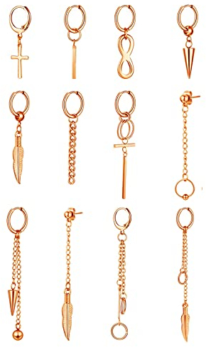 Aroncent Damen Ohrringe Ohrstecker Set: 12 PCS Edelstahl Creolen Kette Ohrhänger Huggie Ohr Piercing Rosegold