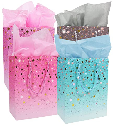 4 Pack Gift Bag Large, Birthday Gift Bag Set with 5 Tissue Paper, Paper Gift Bags with Handles for Presents Wedding, Birthday, Bridal Shower, Bridal Shower(12.6× 10.3× 4 inches)