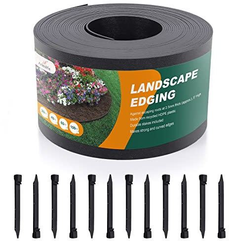 Bordure de jardin en plastique noir, 12,7 cm de haut, flexible et renforcée avec traitement anti-UV (12,2 m avec 12 piquets)