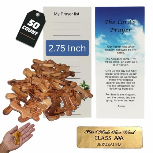 Holy Land Market Croci tascabili in legno di ulivo, 7 cm, certificato di Betlemme, 50 croci, croce in legno di ulivo Terra Santa
