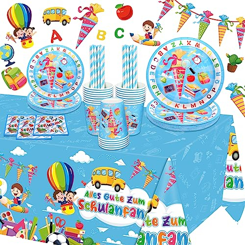 DPKOW Einschulung Deko Schulanfang Servietten Papier Teller Papier Strohhalme für Schulanfang Party Dekoration Tisch Dekoration Schuleinführung Schulanfang Einschulung Deko mädchen Jungen,80 Stücke