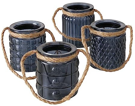 Seaside No.64 - Windlicht-Set 4 teilig aus Glas mit Kordel zum Aufhängen - Teelichthalter in verschiedenen Designs für Romantisches Ambiente - Kerzenständer Retro Kristall Ornamente - (DKL. grau)