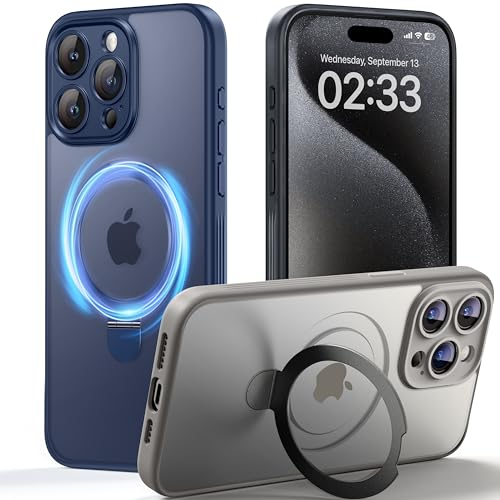 JUESHITUO Vstand Serie für iPhone 15 Pro Hülle für MagSafe (Mit Integrierter Kameraschutz) [Unsichtbarer Ständer] Stoßfest Kratzfest Matte Handyhülle iPhone 15 Pro Case Titan Blau - 6,1