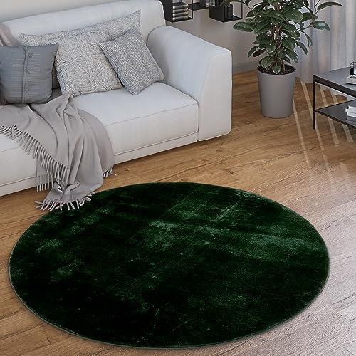 Paco Home Waschbarer Teppich Rund Wohnzimmer Kurzflor rutschfest Modern Flauschig Einfarbiges Muster, Grösse:120 cm Rund, Farbe:Grün