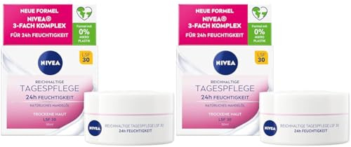 NIVEA Reichhaltige Tagespflege 24h Feuchtigkeit (50 ml), Gesichtscreme für trockene Haut mit LSF 30, feuchtigkeitsspendende Tagescreme mit natürlichem Mandelöl (Packung mit 2)