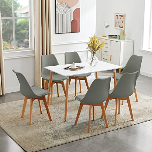 LafeuR Juego de comedor con 6 sillas, juego de mesa de cocina rectangular para 6 personas, para salón, cocina, oficina (mesa blanca+6 sillas de comedor gris)