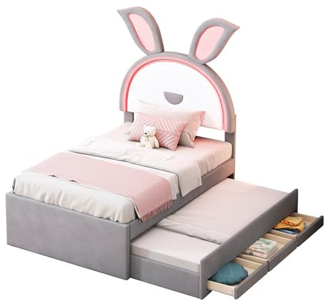 Azkoeesy Cama Infantil tapizada con Cama Nido y 3 cajones, con iluminación LED, diseño de Orejas de Conejo de Dibujos Animados, para 2 niños y niña, Funda de Terciopelo, 90x200 cm + 90x190 cm, Gris