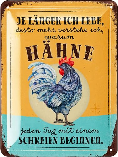 LANOLU Retro Blechschild WARUM HÄHNE SCHREIEN, vintage Metallschilder mit Sprüchen, Shabby Chic Deko Küche und Garten, lustige Schilder aus Metall 15x20cm
