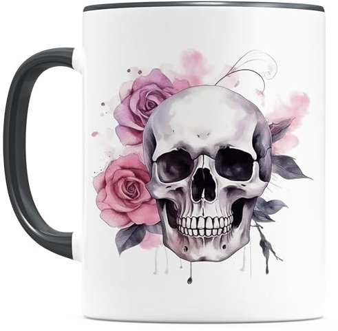Totenkopf Tasse Totenschädel Skull Schädel Skelett Kaffeebecher Gothic mit Rosen Blumen Kaffeetasse aus Keramik 330 ml (Rosen 2)