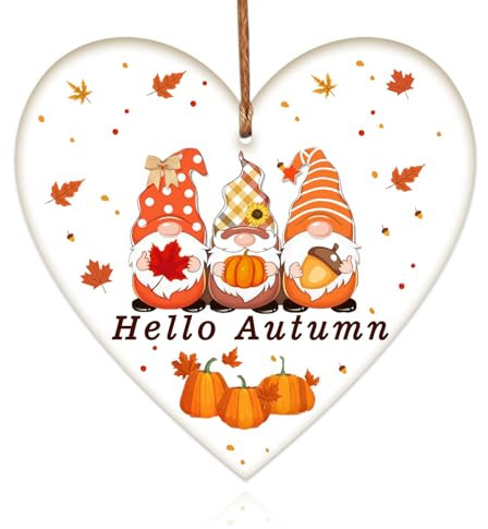 iwiio Hello Autumn Decorations - Placca in legno da appendere a forma di cuore, regalo autunnale, con foglie autunnali, zucca, acero, accessori per il Ringraziamento e l'autunno