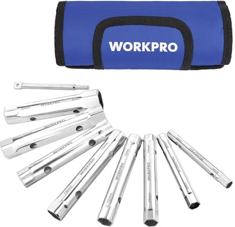 WORKPRO Jeu de 9 Clés à Bougie et à Pipe, Clés à Tube de 6x7 à 20x22 mm avec Barre de Rotation et Sac de Rangement, pour Réparation Auto et Bricolage