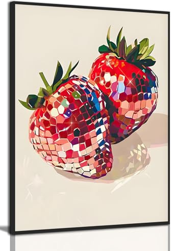 KISSFOX Funky Red Strawberry Wall Art Trendy Disco Ball Poster Canvas Print Fruit Paintings Aesthetic Decor Preppy Picture for Girls Room Party Theme Bar Cart Dorm Apartment