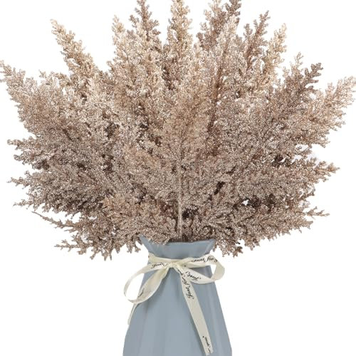 12 Pcs Christmas Glitter Leaves, 31cm Artificial Leaf Stem Branches Christmas Tree Picks Sprays Shiny Christmas Tree Decorations for Xmas Tree Decor DIY Vase Fillers Flower Arrangement (Champagne)