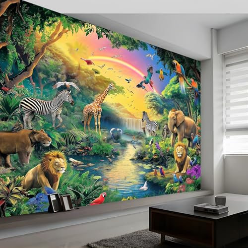 Wandtapete Dschungeltiere Löwe Elefant Fototapete, Dschungelszene Vliestapete Bild Dekoration Wand-Dekor, 250 x 175 cm (B x H) Tapete Panorama Poster für Mädchen, Jungs Schlafzimmer Wohnzimmer