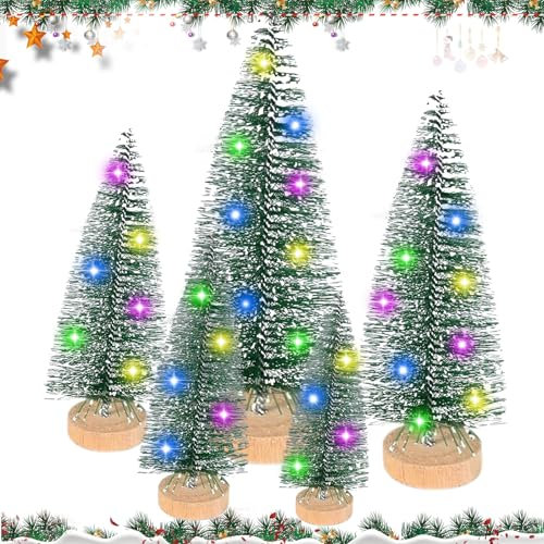Mini Weihnachtsbaum, 5 Stück Weihnachtsbaum Künstlich, Grün Mini Tannenbaum, Tannenbaum Deko Klein, LED Künstlicher Kiefernbaum mit Holzsockel Schnee Effek Weihnachts Party Basteln for Tischdeko