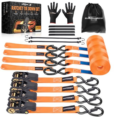 maXpeedingrods 4x 997kg Tie Down Straps 15ft (4.5m), Ratchet Straps 2200lb, Lashing Straps 25mm, Straps with safety clip S-hooks, motorcycle tie down straps, EN 12195-2 - Orange