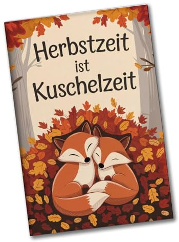 Zwei Füchse kuscheln Souvenir Souvenir Magnet - Herbstzeit ist Kuschelzeit rechteckiger Souvenir Magnet mit Herbstblätter hohe Bäume im Wald und Orangetönen