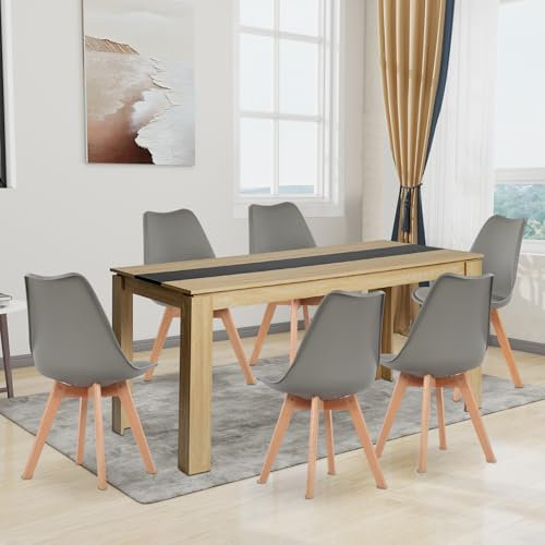 FURNITABLE Esstisch mit 6 Stühlen Esszimmergruppe, 6er Set Esszimmerstühle und 160CM Rechteckig Holztisch Essgruppe für Wohnzimmer Küche Büro (Eiche-Schwarz Tisch+6 Grau Stühle)