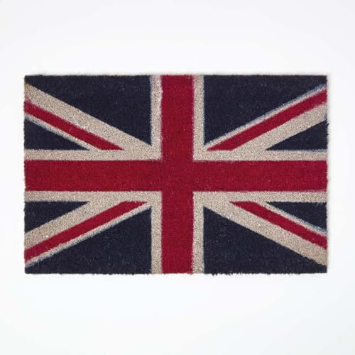 HOMESCAPES British Union Jack Flag Coir Doormat, 40 x 60cm, Natural Door Mat with Rubber Backing, Non-Slip Welcome Entrance Mat for Indoor/Outdoor Use - Red White Blue