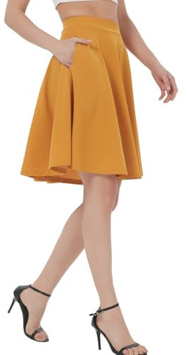 Soudittur Plisseerock Damen Basic Solid Midi-Rock Elegant Faltenrock Elastisch Hohe Taille Plisseerock Knielang Skater Rock mit Reißverschlusstasche (L, Gelb-midi)