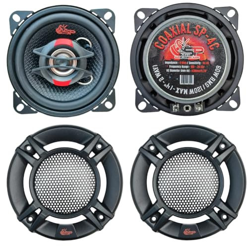 KIT Set pour SP Audio SP-4C 2 Haut-parleurs coaxiaux 2 Voies, 4 10 cm 100 mm, 60 Watts rms 120 Watts Max, impédance 4 ohm, sensibilité 84 DB, pour Voitures, par Paire + grilles gratuites
