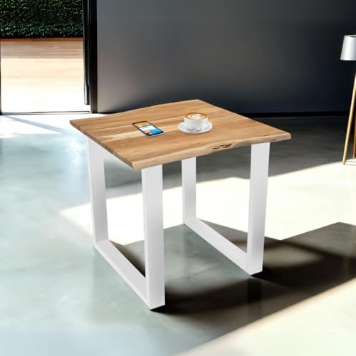 Bett11 Esstisch 90x90 cm naturfarben, Akazienholz massiv 26mm, U-Gestell weiß, Baumkantentisch aus Holz, Casa Massiva