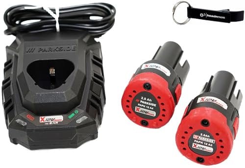 HEADNMORE® Set di batterie Parkside® 12 V/2 Ah, 2 batterie PAPK 12 A4 2 Ah + 1 caricatore PLGK 12 A3 + portachiavi HEADNMORE®
