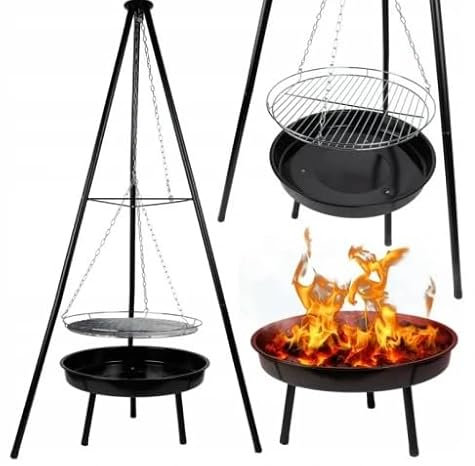 Portable Tripod BBQ Grill Stand, Hanging Fire Pit Cooking Grate with Adjustable Height, Outdoor Camping and Garden Barbecue