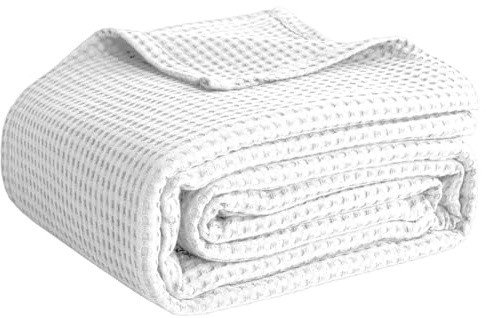 Decken für Bett aus 100 % Baumwolle, Waffelgewebe für den Sommer, leichte und atmungsaktive, weiche gewebte Decke für den Frühling (Weiß, Kingsize-Bett (228,6 x 274,3 cm)