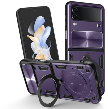 JayModCase Cover per Samsung Galaxy Z Flip 4 Case Protezione Fotocamera Scorrevole con Anello Supporto Rotante a 360° Grado Militare Antiurto Custodia per Samsung Z Flip 4 - Viola