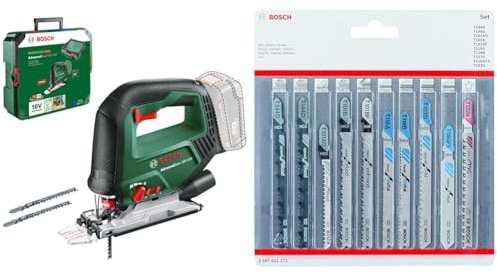 Bosch Cordless Jigsaw AdvancedSaw 18V-140 (Cutting Depth in Wood/Steel/Alu:140 mm/10mm/20mm; 3X Blades; Without Battery and Charger) + 10-Piece Set Jigsaw Blades Set (for Wood and Metal, Accessories)
