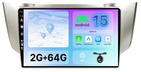 BXLIYER Android 15 IPS Autoradio Passt für Lexus RX300 RX330 RX350 RX400H (2003-2009) - Eingebautes CarPlay Android Auto - KOSTENLOS Rückfahrkamera - 2G+64G - 9 Zoll 2 Din - DAB Lenkradsteuerung