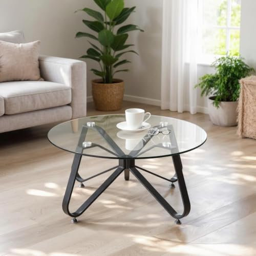 FurnitureR Tables Consoles de Salon, Table D'appoint Ronde Minimaliste avec Plateau en Verre Trempé, Base Artistique en Forme de Papillon, pour la Maison, le Salon, le Patio, le Jardin, 80 x 80 x 40cm