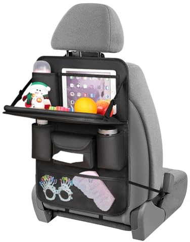URAQT Auto Organizer, Hochwertige Autositz Organizer aus Leder mit Klapptisch, Tablet Tasche und Viele Taschen, Kinder Auto Aufbewahrungstasche, Wasserdichter Multifunktionale Rücksitz Organizer