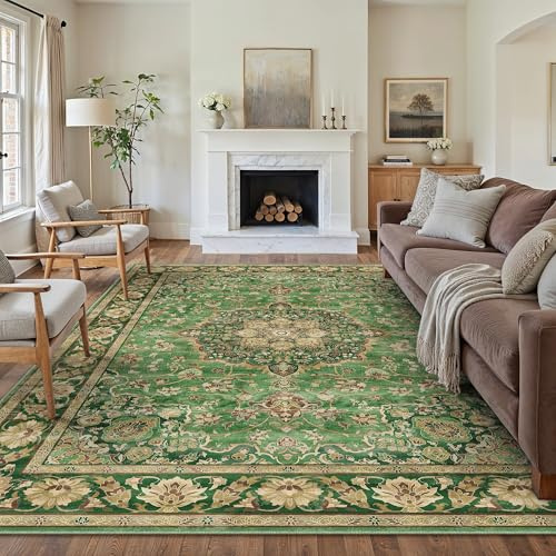 PureCozy Teppich Wohnzimmer 300x400cm Waschbarer Vintage Tepich for Schlafzimmer kurzflor rutschfest Weich Böhmischen Retro Groß XXL Grün Gold Carpet für Küchen Esszimmer Bedroom Living Room