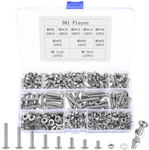 381 Stück M5 Schrauben Set, Linsenkopfschrauben Muttern Set, Gewindeschrauben mit Linsenkopf Innensechskantschrauben, Maschinenschrauben Sortiment, Edelstahlschrauben mit Unterlegscheiben Sets