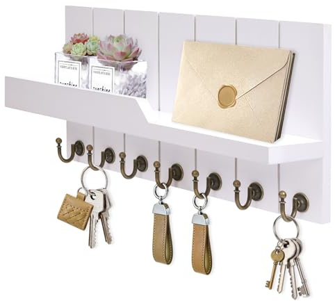 Kldgris Porte Clef Mural Porte-Clés Mural en Bois avec 7 Crochets à Clés, pour Salon, Salle de Bain, Cuisine, Les Entrées, Couloirs (Blanc)