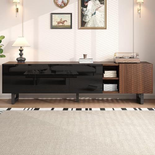 Azkoeesy Mueble de TV moderno de 180 cm, color nogal con 4 puertas, patas de metal, diseño vintage, para sala de estar