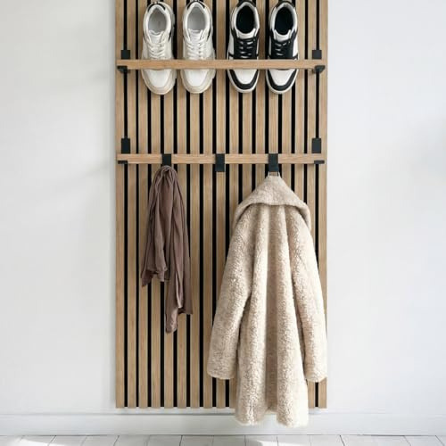 Kleider- & Schuhstange aus Eiche für Akustikpaneele ohne Bohren – Wandgarderobe/Garderobenstange & Schuhhalter für Wandpaneele im Flur und Eingangsbereich – Classic Oak (55 cm – Doppelstangen-Set)