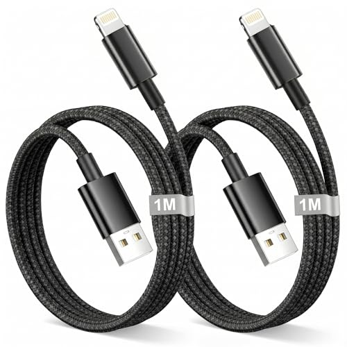 Anssan Cavo Phone 1M 2Pezzi,[Certificato MFi] Cavo Ricarica Rapida Phone USB Lightning Nylon Nero,Filo Cavetto Caricatore lightning USB per iphone 14 13 12 11 Pro/Pro Max X/XR/XS 8 7 6 5,iPad