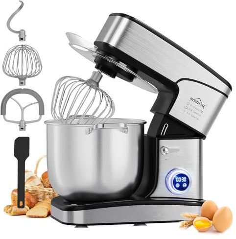 HOMELUX Küchenmaschine 2800W, Knetmaschine mit 16 Liter Edelstahl Schüssel, 12 Geschwindigkeitsstufen, LED-Touchscreen, Rührbesen, Knethaken, Schneebesen, Spatel und Spritzschutz, silberfarben