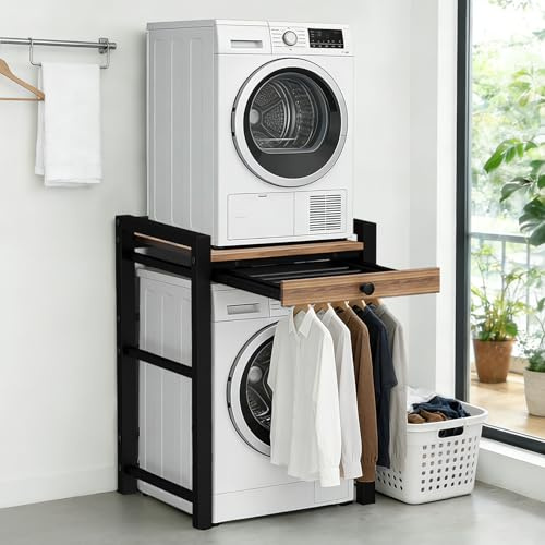 OVLRIJP Mobile Lavatrice Asciugatrice con Cassetto, Scaffale Lavatrice Asciugatrice, Mensola per Lavatrice, Divisorio Lavatrice Asciugatrice, Portata 350 kg, 75x65x104cm, Nero