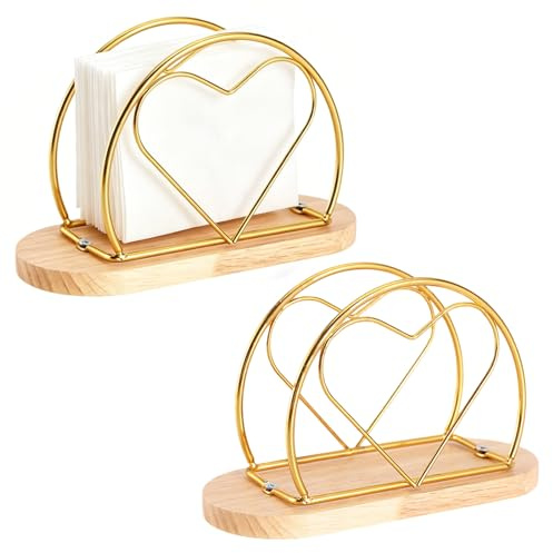 BTIUGYI 2 Stück Serviettenhalter Goldfarben, Serviettenspender Holz, Herzförmiger Napkin Holder, Serviettenständer für Haus Küche Restaurant Cafés