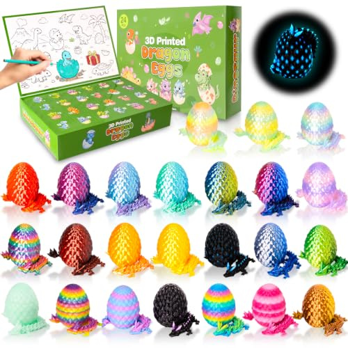 RYJJEEST 24er Set 3D Gedrucktes Drachenei mit Drache, Adventskalender Knder | Drachen Spielzeug 13cm, Enthält 4 Versteckte Nachtleuchten Effekt, Geschenk für Kindergeburtstage, Weihnachten und Ostern