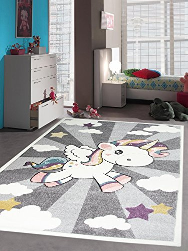 CARPETIA Kinderteppich Kinderzimmerteppich Babyteppich Mädchen Einhorn Regenbogen rosa Creme grau Größe 160 cm Rund