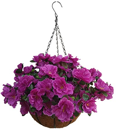 Mynse Flo Künstliche Blumen-Hängekorb für Zuhause Markt Outdoor Dekoration Hängende Seide Blumen Korb mit künstlichen Azalee Blumen Lila (großer Korb und künstliche Blumen) Flo