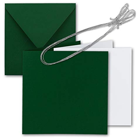 200x Quadratisches Faltkarten Set 15 x 15 cm - mit Briefumschlägen & Einlegeblätter & Schmuckband - Dunkel-Grün - für Einladungskarten, Hochzeit, Weihnachten - von GUSTAV NEUSER
